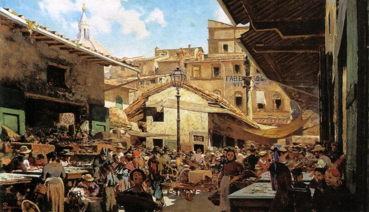 Antica riproduzione del quartiere di Sant'Ambrogio nella zona del mercato prima dell'intervento del Poggi