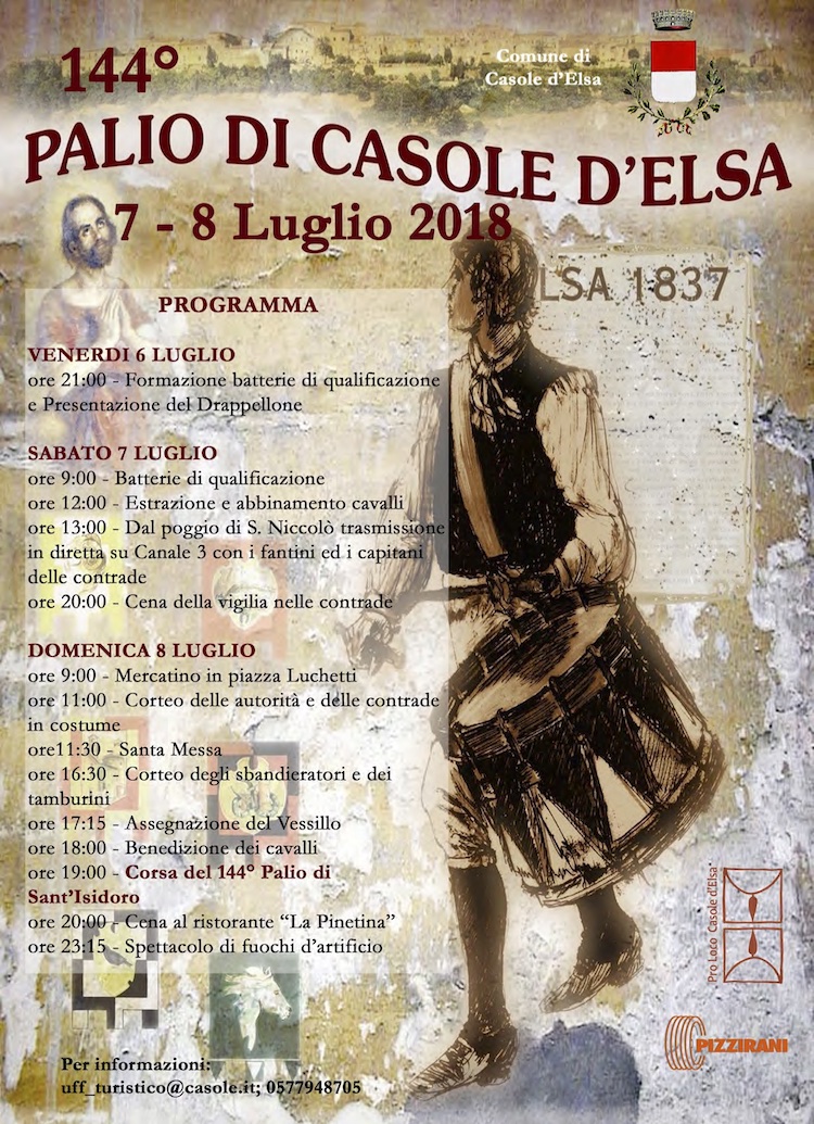 Il Palio di Casole d'Elsa 2018 si terrà nel borgo toscano della Val d'Elsa dal 6 all'8 luglio; partecipano anche i fantini del Palio di Siena