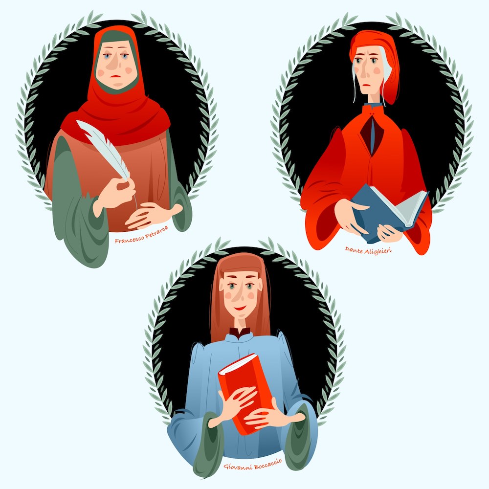 Illustrazione con Petrarca, Bocaccio e Dante: le Tre Corone della letteratura italiana
