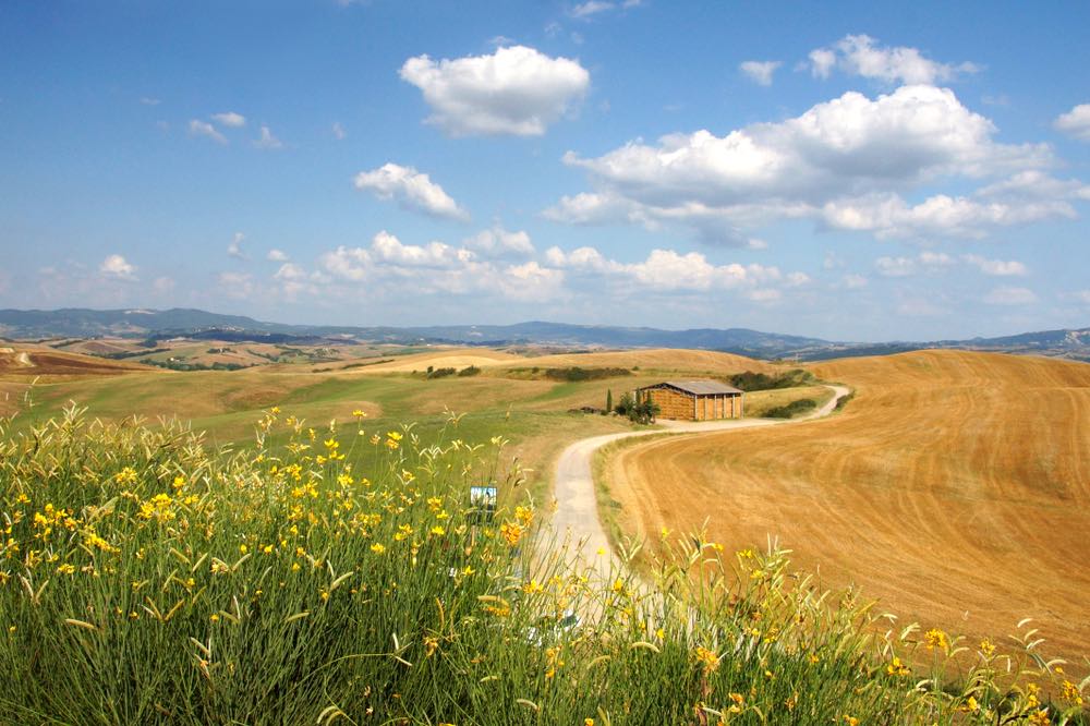Panorama in Valdera su campi arati e colline, Pisa, Toscana