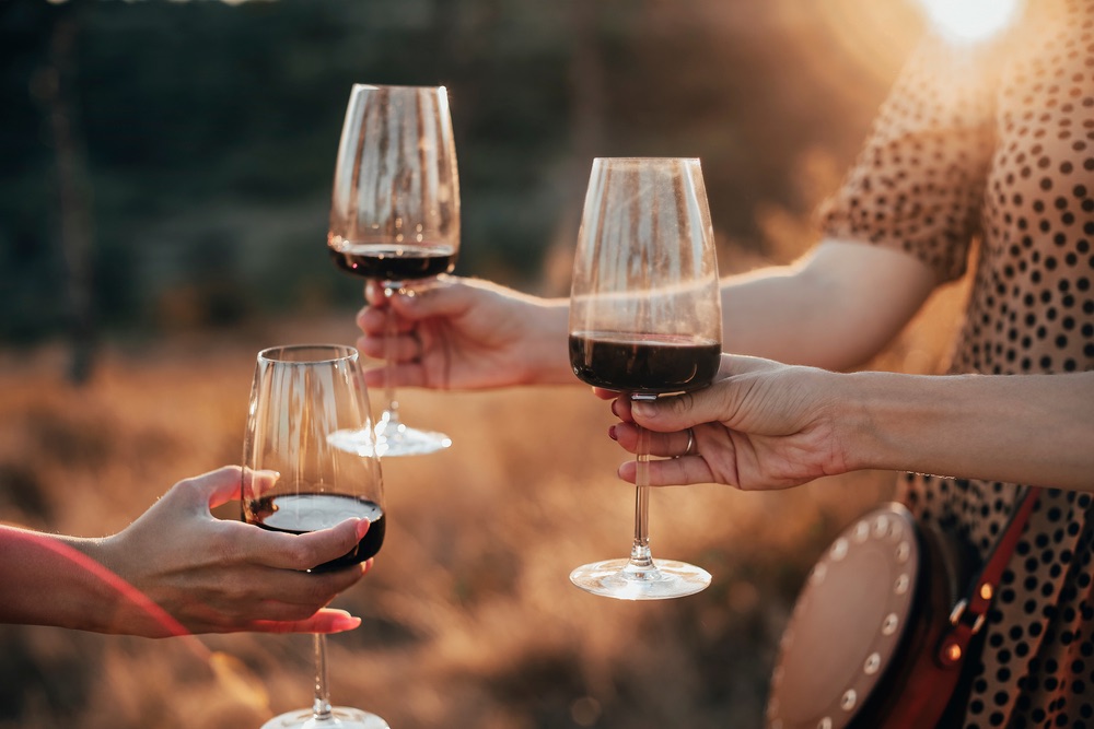 Amiche fanno brindisi con vino rosso nella campagna toscana