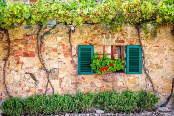 Tipica tuscan country house con fiori rossi alla finestra