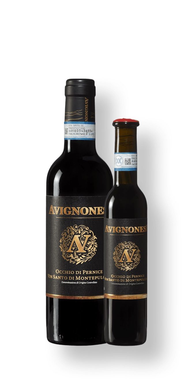 Bottiglie di Vin Santo di Montepulciano Occhio di Pernice Avignonesi, uno dei vini toscani da avere in cantina