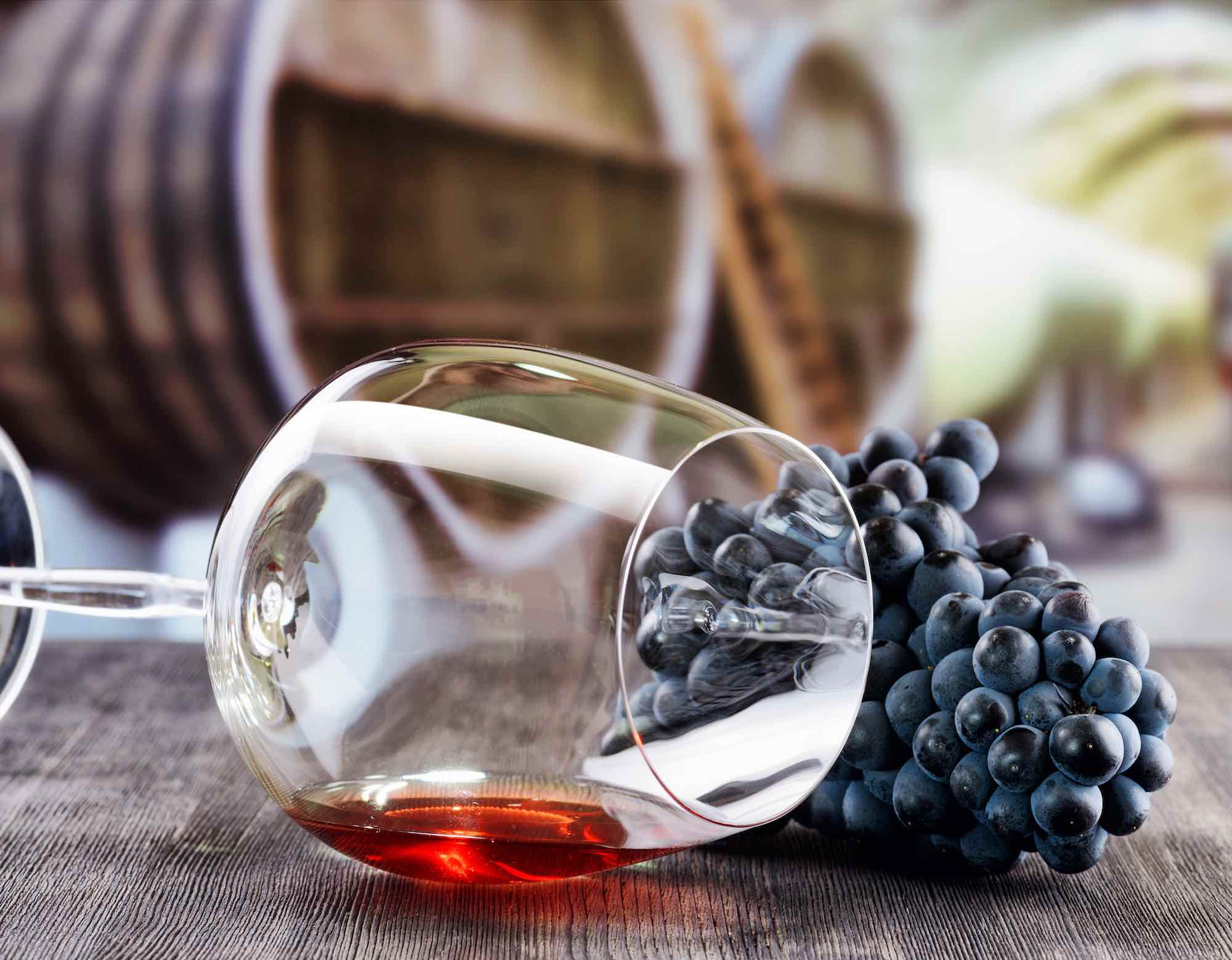 Grappolo d'uva e bicchiere di vino rosso appoggiati su un tavolo di legno nero sullo sfondo di una cantina con botti