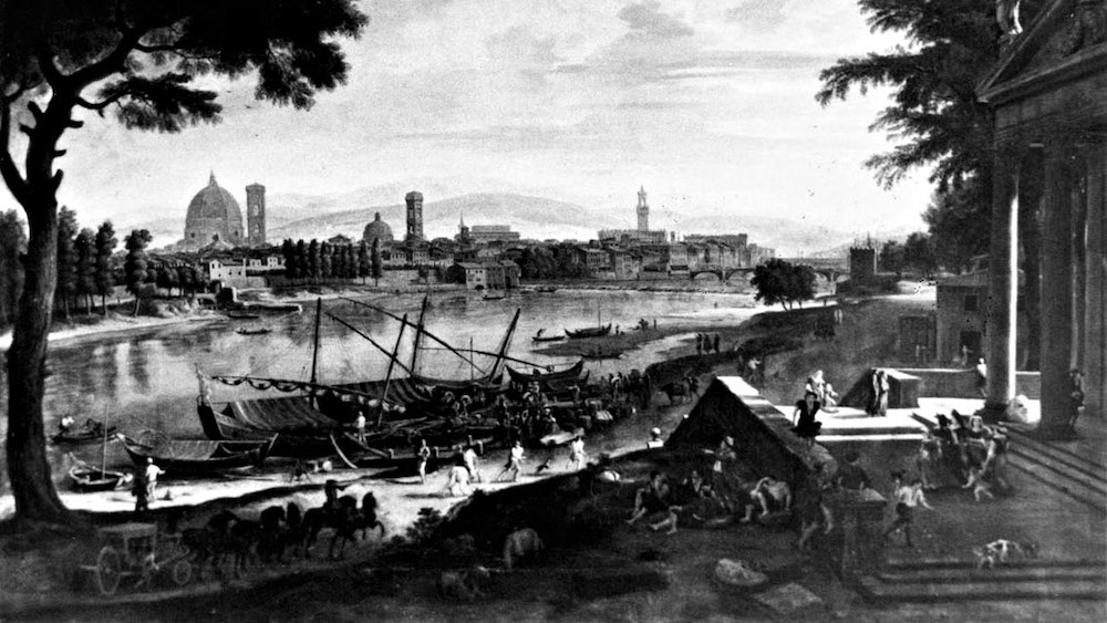 Litografia che ritrae Firenze e imbarcazioni sull'Arno nel 1700