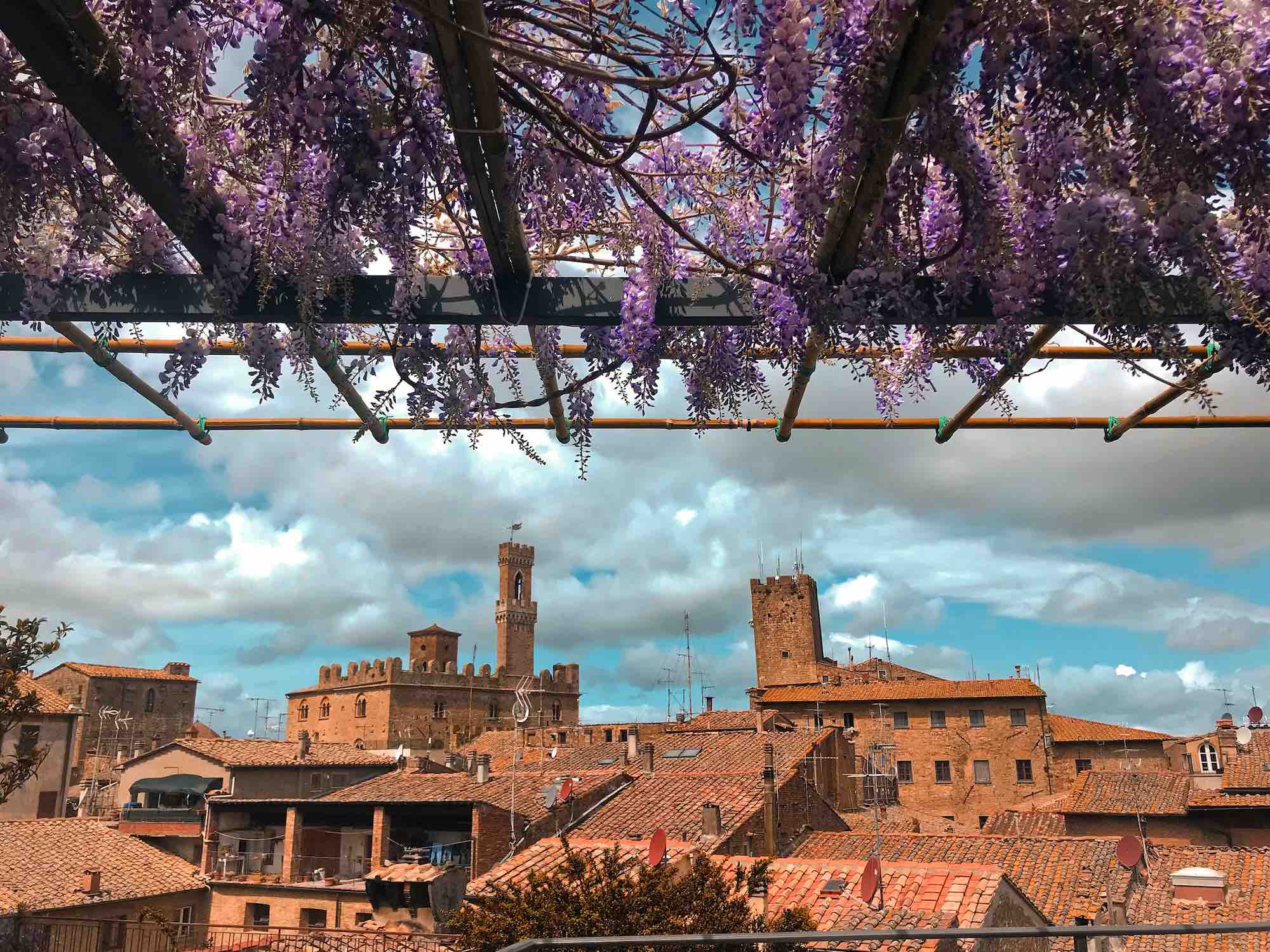 Terrazza con glicine in fiore nella città toscana di Volterra