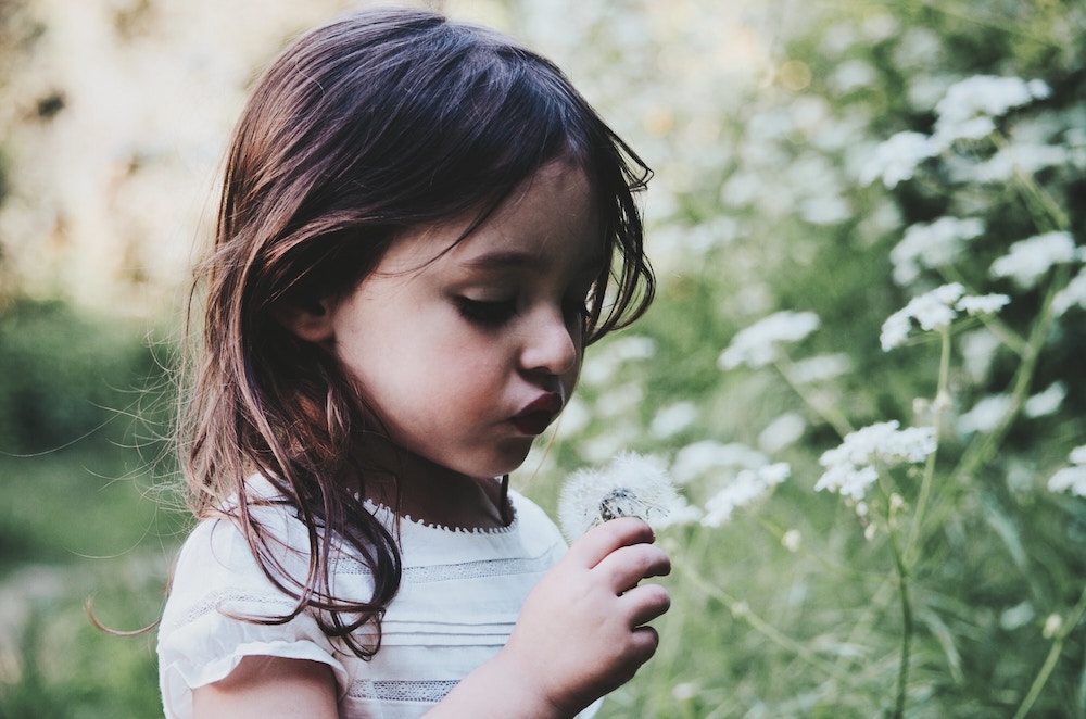 Una bambina soffia su un dandelion