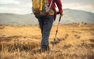 Persona fa trekking in montagna con zaino sulle spalle